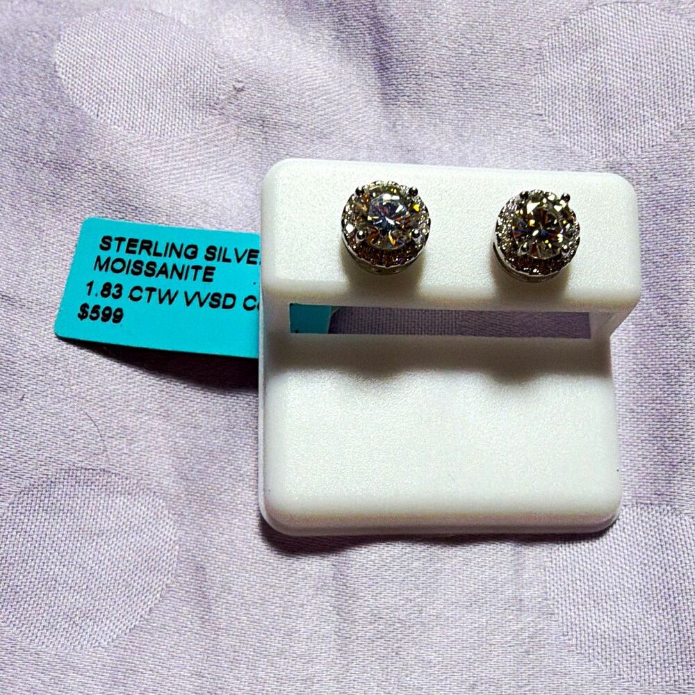 925 Sterling Silver Round Moissanite Stud Earrings Butterfly Back 1.83 CTW
